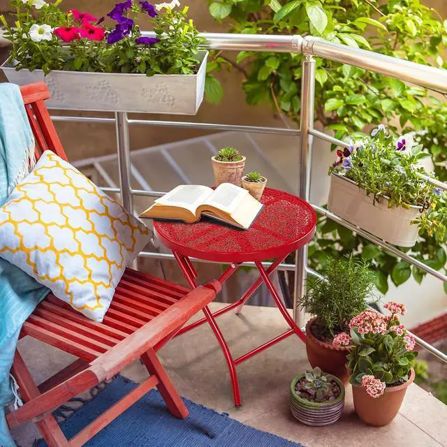 Alt view image 2 of 7 - Outdoor Folding Side Table with Chic Hollow Pattern and Durable, Rust-Resistant Coated Iron Patio Bistro Table Suitable for Indoor & Outdoor Porch, Deck, Balcony and Pool,Red