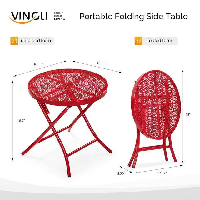 Alt view image 3 of 7 - Outdoor Folding Side Table with Chic Hollow Pattern and Durable, Rust-Resistant Coated Iron Patio Bistro Table Suitable for Indoor & Outdoor Porch, Deck, Balcony and Pool,Red