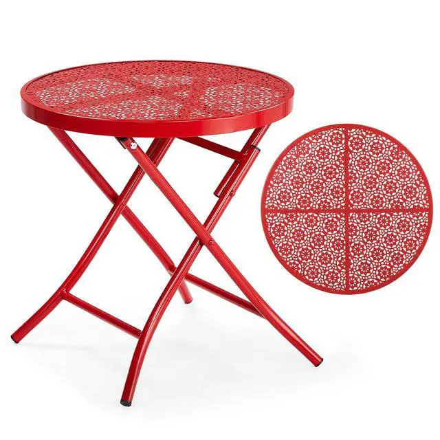 Alt view image 4 of 7 - Outdoor Folding Side Table with Chic Hollow Pattern and Durable, Rust-Resistant Coated Iron Patio Bistro Table Suitable for Indoor & Outdoor Porch, Deck, Balcony and Pool,Red