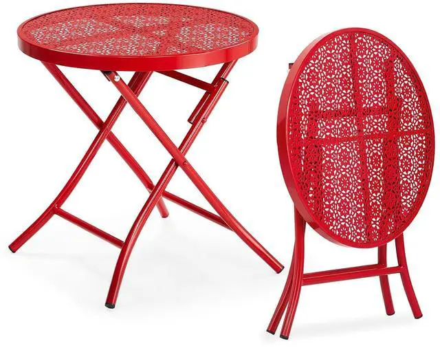 Main image of Outdoor Folding Side Table with Chic Hollow Pattern and Durable, Rust-Resistant Coated Iron Patio Bistro Table Suitable for Indoor & Outdoor Porch, Deck, Balcony and Pool,Red