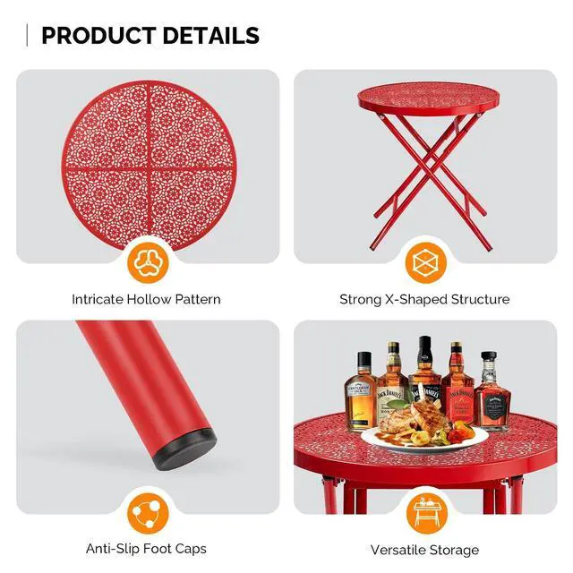 Alt view image 7 of 7 - Outdoor Folding Side Table with Chic Hollow Pattern and Durable, Rust-Resistant Coated Iron Patio Bistro Table Suitable for Indoor & Outdoor Porch, Deck, Balcony and Pool,Red