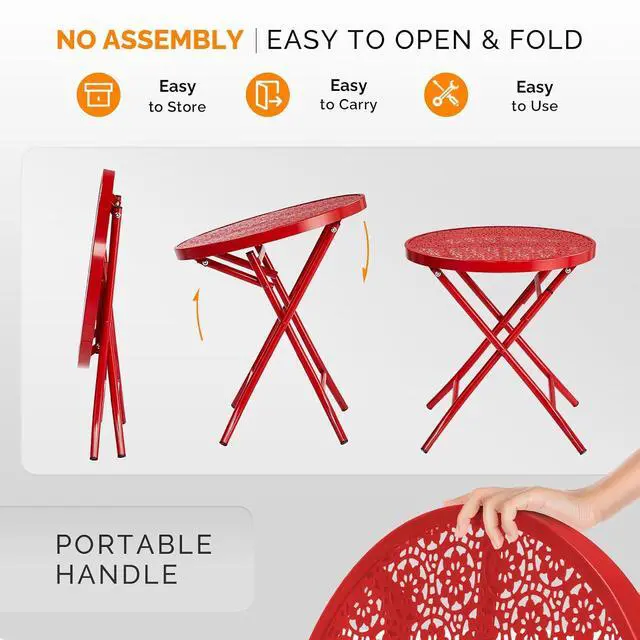 Alt view image 6 of 7 - Outdoor Folding Side Table with Chic Hollow Pattern and Durable, Rust-Resistant Coated Iron Patio Bistro Table Suitable for Indoor & Outdoor Porch, Deck, Balcony and Pool,Red