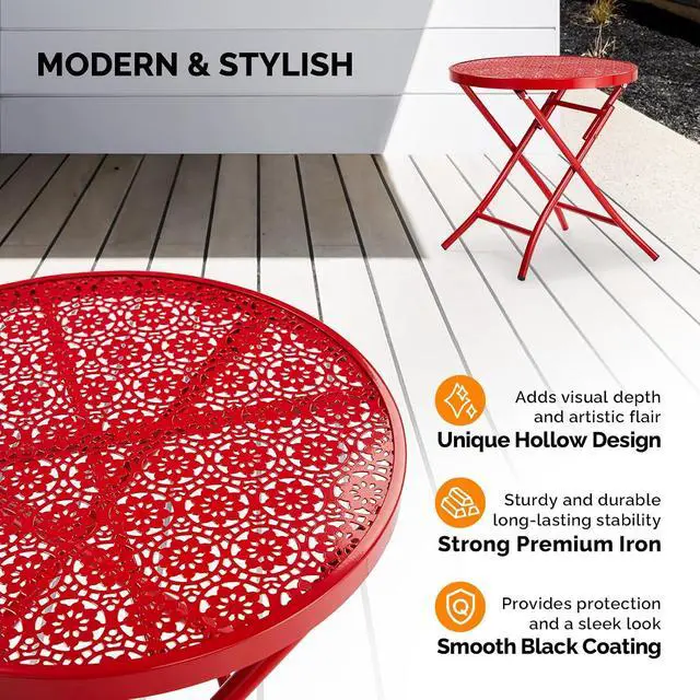 Alt view image 5 of 7 - Outdoor Folding Side Table with Chic Hollow Pattern and Durable, Rust-Resistant Coated Iron Patio Bistro Table Suitable for Indoor & Outdoor Porch, Deck, Balcony and Pool,Red