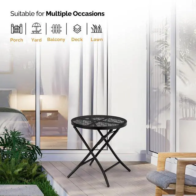 Alt view image 7 of 7 - Outdoor Folding Side Table with Chic Hollow Pattern and Durable, Rust-Resistant Coated Iron Patio Bistro Table Suitable for Indoor & Outdoor Porch, Deck, Balcony and Pool,Black