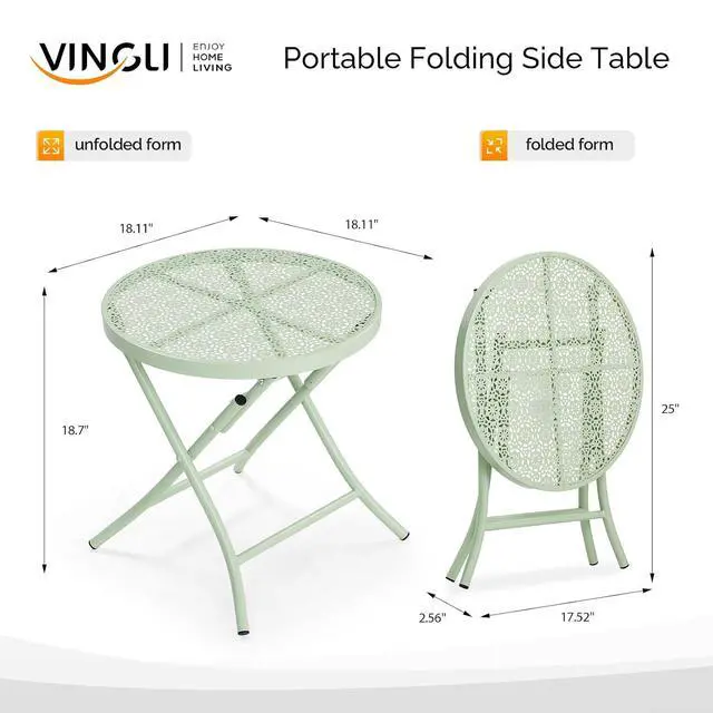 Alt view image 3 of 7 - Outdoor Folding Side Table with Chic Hollow Pattern and Durable, Rust-Resistant Coated Iron Patio Bistro Table Suitable for Indoor & Outdoor Porch, Deck, Balcony and Pool,Green