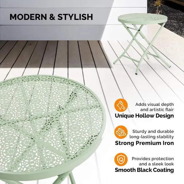 Alt view image 5 of 7 - Outdoor Folding Side Table with Chic Hollow Pattern and Durable, Rust-Resistant Coated Iron Patio Bistro Table Suitable for Indoor & Outdoor Porch, Deck, Balcony and Pool,Green