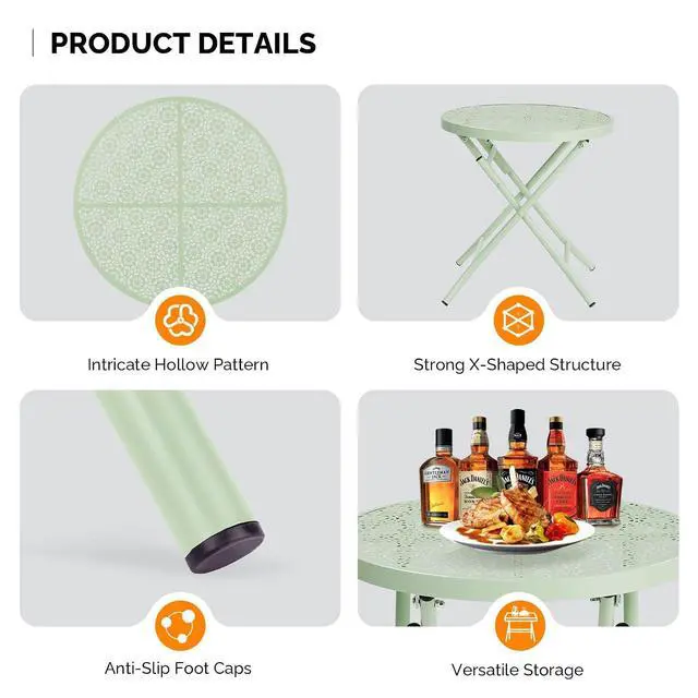 Alt view image 7 of 7 - Outdoor Folding Side Table with Chic Hollow Pattern and Durable, Rust-Resistant Coated Iron Patio Bistro Table Suitable for Indoor & Outdoor Porch, Deck, Balcony and Pool,Green