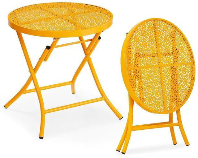 Main image of Outdoor Folding Side Table with Chic Hollow Pattern and Durable, Rust-Resistant Coated Iron Patio Bistro Table Suitable for Indoor & Outdoor Porch, Deck, Balcony and Pool,Yellow