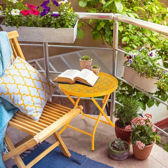 Alt view image 2 of 7 - Outdoor Folding Side Table with Chic Hollow Pattern and Durable, Rust-Resistant Coated Iron Patio Bistro Table Suitable for Indoor & Outdoor Porch, Deck, Balcony and Pool,Yellow