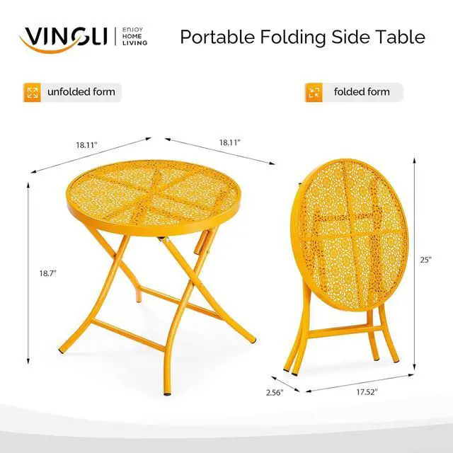 Alt view image 3 of 7 - Outdoor Folding Side Table with Chic Hollow Pattern and Durable, Rust-Resistant Coated Iron Patio Bistro Table Suitable for Indoor & Outdoor Porch, Deck, Balcony and Pool,Yellow