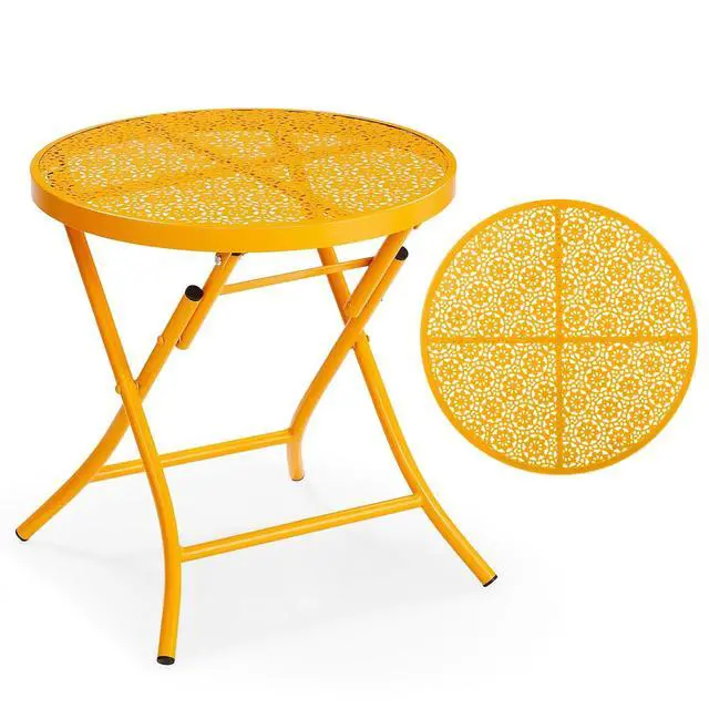 Alt view image 4 of 7 - Outdoor Folding Side Table with Chic Hollow Pattern and Durable, Rust-Resistant Coated Iron Patio Bistro Table Suitable for Indoor & Outdoor Porch, Deck, Balcony and Pool,Yellow