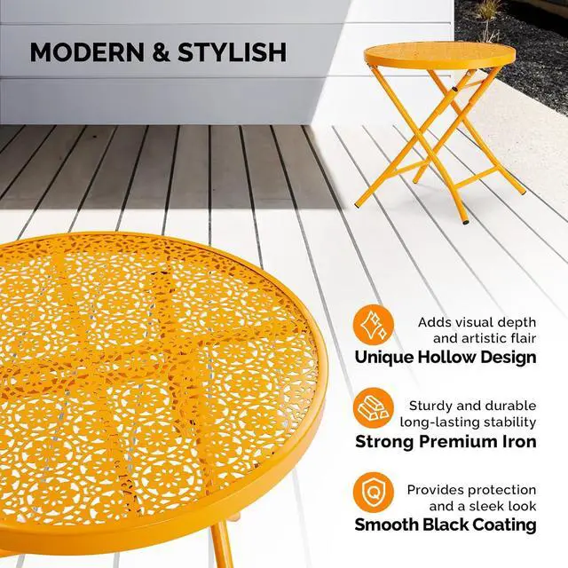 Alt view image 5 of 7 - Outdoor Folding Side Table with Chic Hollow Pattern and Durable, Rust-Resistant Coated Iron Patio Bistro Table Suitable for Indoor & Outdoor Porch, Deck, Balcony and Pool,Yellow