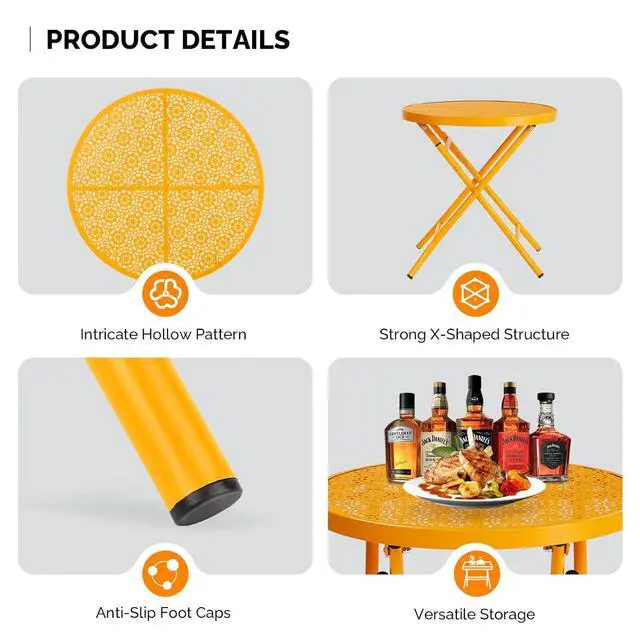 Alt view image 7 of 7 - Outdoor Folding Side Table with Chic Hollow Pattern and Durable, Rust-Resistant Coated Iron Patio Bistro Table Suitable for Indoor & Outdoor Porch, Deck, Balcony and Pool,Yellow