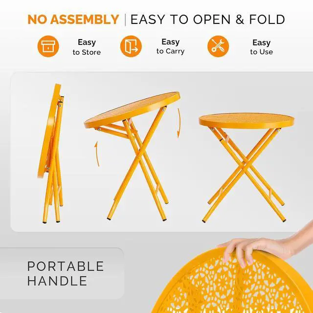 Alt view image 6 of 7 - Outdoor Folding Side Table with Chic Hollow Pattern and Durable, Rust-Resistant Coated Iron Patio Bistro Table Suitable for Indoor & Outdoor Porch, Deck, Balcony and Pool,Yellow