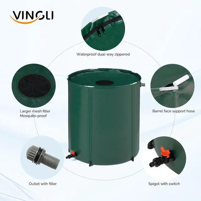 Alt view image 2 of 6 - 66 Gallon Collapsible Rain Barrel, Portable Water Storage Tank, Rainwater Collection System Downspout, Water Catcher Container with Filter Spigot Overflow Kit