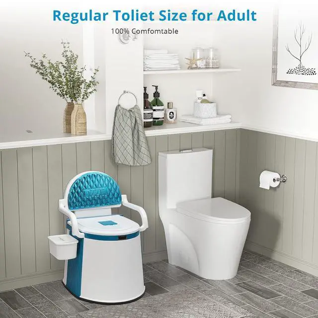 Alt view image 3 of 7 - Portable Toilet | Back & Handrail Design Commode with 5 Gallon Bucket Inner, Camping RV Toilet for Adult, Kids, Home, Boat, Van, Travel, Plastic, Blue & white