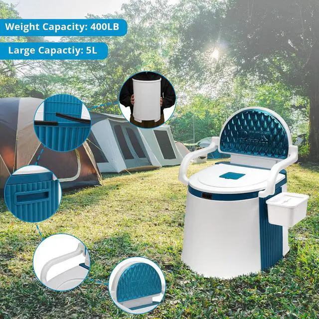 Alt view image 2 of 7 - Portable Toilet | Back & Handrail Design Commode with 5 Gallon Bucket Inner, Camping RV Toilet for Adult, Kids, Home, Boat, Van, Travel, Plastic, Blue & white