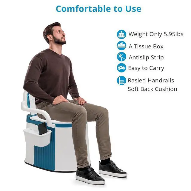 Alt view image 4 of 7 - Portable Toilet | Back & Handrail Design Commode with 5 Gallon Bucket Inner, Camping RV Toilet for Adult, Kids, Home, Boat, Van, Travel, Plastic, Blue & white