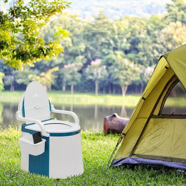 Alt view image 5 of 7 - Portable Toilet | Back & Handrail Design Commode with 5 Gallon Bucket Inner, Camping RV Toilet for Adult, Kids, Home, Boat, Van, Travel, Plastic, Blue & white