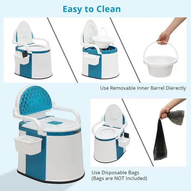 Alt view image 7 of 7 - Portable Toilet | Back & Handrail Design Commode with 5 Gallon Bucket Inner, Camping RV Toilet for Adult, Kids, Home, Boat, Van, Travel, Plastic, Blue & white