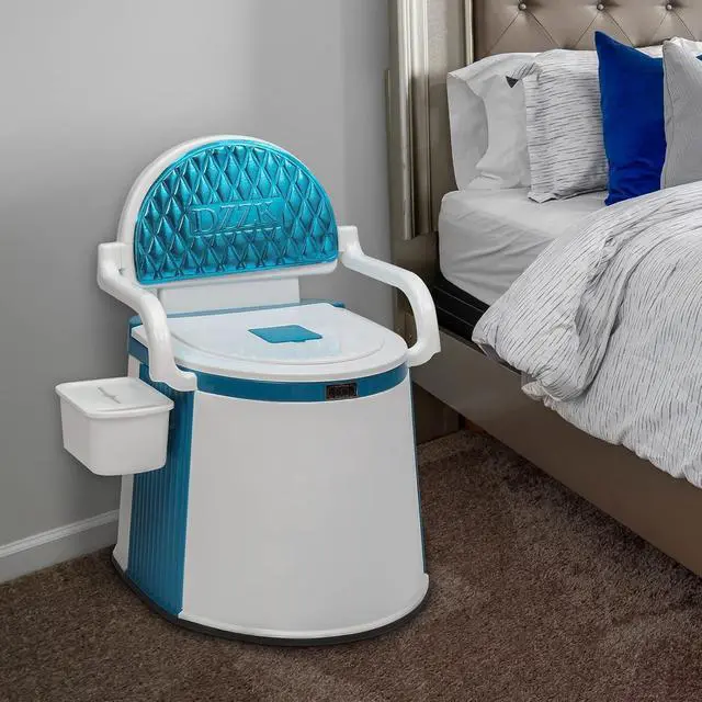 Alt view image 6 of 7 - Portable Toilet | Back & Handrail Design Commode with 5 Gallon Bucket Inner, Camping RV Toilet for Adult, Kids, Home, Boat, Van, Travel, Plastic, Blue & white