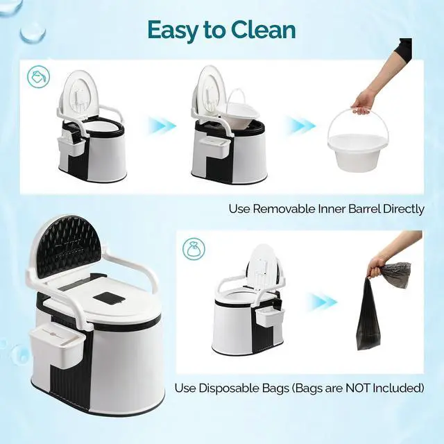 Alt view image 3 of 7 - Portable Toilet | Back & Handrail Design Commode with 5 Gallon Bucket Inner, Camping RV Toilet for Adult, Kids, Home, Boat, Van, Travel, Black
