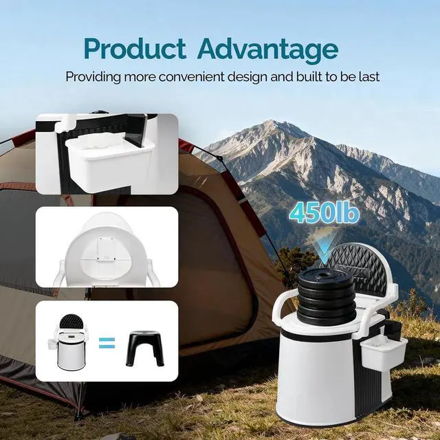 Alt view image 2 of 7 - Portable Toilet | Back & Handrail Design Commode with 5 Gallon Bucket Inner, Camping RV Toilet for Adult, Kids, Home, Boat, Van, Travel, Black
