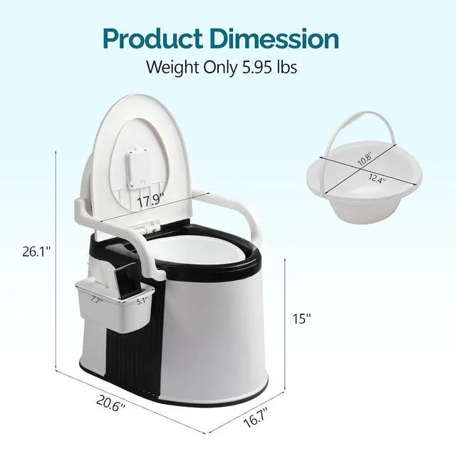 Alt view image 5 of 7 - Portable Toilet | Back & Handrail Design Commode with 5 Gallon Bucket Inner, Camping RV Toilet for Adult, Kids, Home, Boat, Van, Travel, Black