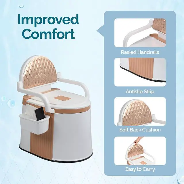 Alt view image 2 of 7 - Portable Toilet | Back & Handrail Design Commode with 5 Gallon Bucket Inner, Camping RV Toilet for Adult, Kids, Home, Boat, Van, Travel, Orange