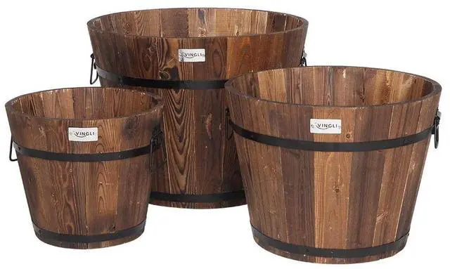 Main image of 3 PCS Large Wooden Planter Barrel Set, 11.5"(Dia)- 18"(Dia) Real Wood Indoor/Outdoor Flower Pot w/Drainage Holes, Different Sizes, Large Garden Container Box