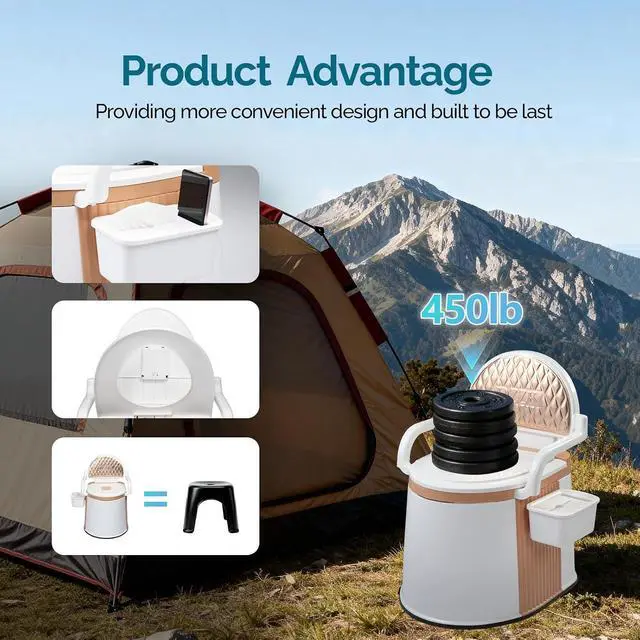 Alt view image 3 of 7 - Portable Toilet | Back & Handrail Design Commode with 5 Gallon Bucket Inner, Camping RV Toilet for Adult, Kids, Home, Boat, Van, Travel, Orange