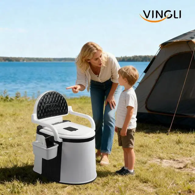 Alt view image 7 of 7 - Portable Toilet | Back & Handrail Design Commode with 5 Gallon Bucket Inner, Camping RV Toilet for Adult, Kids, Home, Boat, Van, Travel, Black