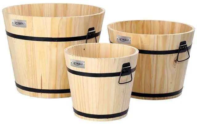 Main image of 3 PCS Large Wooden Planter Barrel Set, 11.5"(Dia)- 18"(Dia), Real Wood Flower Pot with Drainage Holes, Different Sizes, Large Garden Container Box, Indoor & Outdoor (Honey)