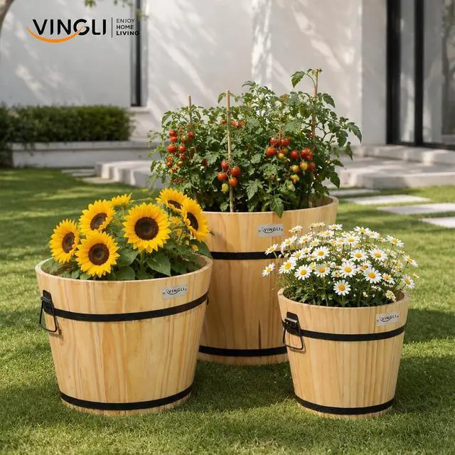 Alt view image 7 of 7 - 3 PCS Large Wooden Planter Barrel Set, 11.5"(Dia)- 18"(Dia), Real Wood Flower Pot with Drainage Holes, Different Sizes, Large Garden Container Box, Indoor & Outdoor (Honey)
