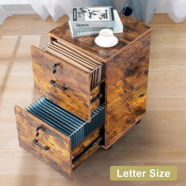 Alt view image 2 of 7 - 2-Drawer Small Rolling File Cabinet with Lock, Wood Filing Cabinet for Hanging Letter Size Filings with Tabs, Mobile Under Desk File Cabinets for Home Office, Rustic Brown, 27.2" H