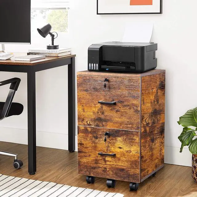 Alt view image 4 of 7 - 2-Drawer Small Rolling File Cabinet with Lock, Wood Filing Cabinet for Hanging Letter Size Filings with Tabs, Mobile Under Desk File Cabinets for Home Office, Rustic Brown, 27.2" H