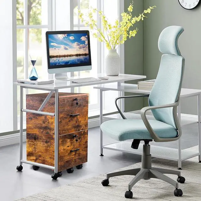 Alt view image 5 of 7 - 2-Drawer Small Rolling File Cabinet with Lock, Wood Filing Cabinet for Hanging Letter Size Filings with Tabs, Mobile Under Desk File Cabinets for Home Office, Rustic Brown, 27.2" H