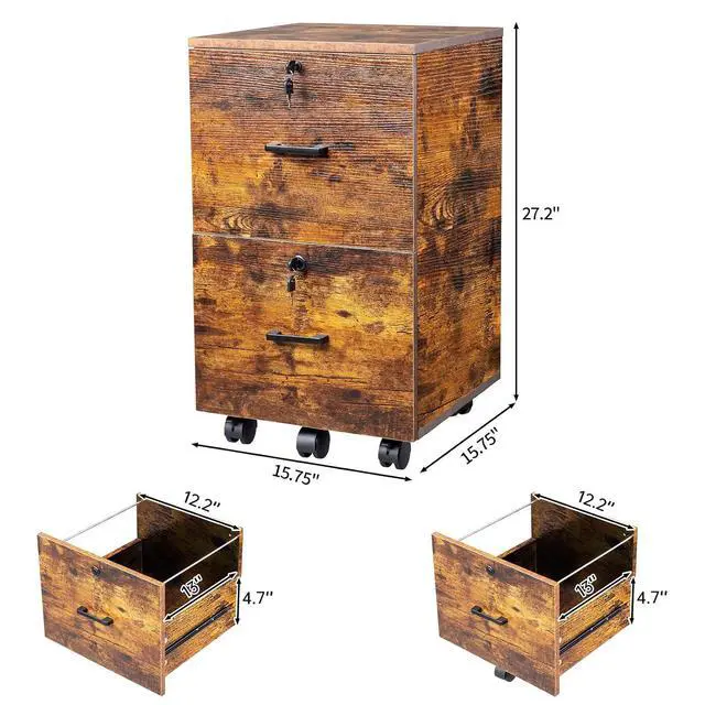 Alt view image 3 of 7 - 2-Drawer Small Rolling File Cabinet with Lock, Wood Filing Cabinet for Hanging Letter Size Filings with Tabs, Mobile Under Desk File Cabinets for Home Office, Rustic Brown, 27.2" H