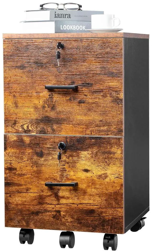 Main image of 2-Drawer Small Rolling File Cabinet with Lock, Wood Filing Cabinet for Hanging Letter Size Filings with Tabs, Mobile Under Desk File Cabinets for Home Office, Rustic Brown, 27.2" H