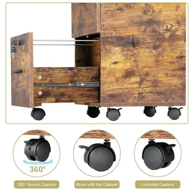 Alt view image 7 of 7 - 2-Drawer Small Rolling File Cabinet with Lock, Wood Filing Cabinet for Hanging Letter Size Filings with Tabs, Mobile Under Desk File Cabinets for Home Office, Rustic Brown, 27.2" H