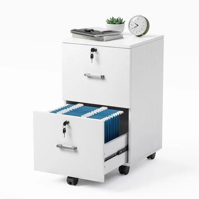 Main image of 2 Drawer File Cabinet with Lock, Wood Grain White File Cabinets for Letter Size File Folders with Tabs, Mobile Under Desk Filing Cabinets for Home Office, Rolling Filing Cabinet Printer Stand