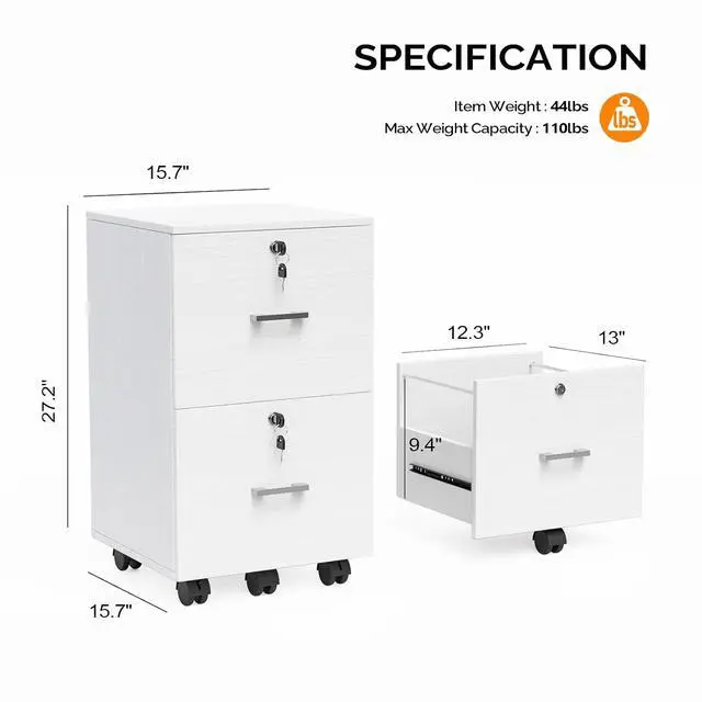 Alt view image 3 of 7 - 2 Drawer File Cabinet with Lock, Wood Grain White File Cabinets for Letter Size File Folders with Tabs, Mobile Under Desk Filing Cabinets for Home Office, Rolling Filing Cabinet Printer Stand