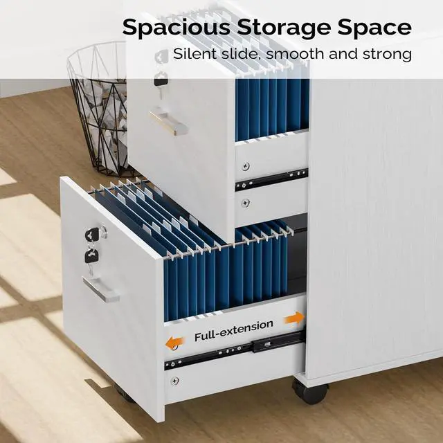 Alt view image 4 of 7 - 2 Drawer File Cabinet with Lock, Wood Grain White File Cabinets for Letter Size File Folders with Tabs, Mobile Under Desk Filing Cabinets for Home Office, Rolling Filing Cabinet Printer Stand