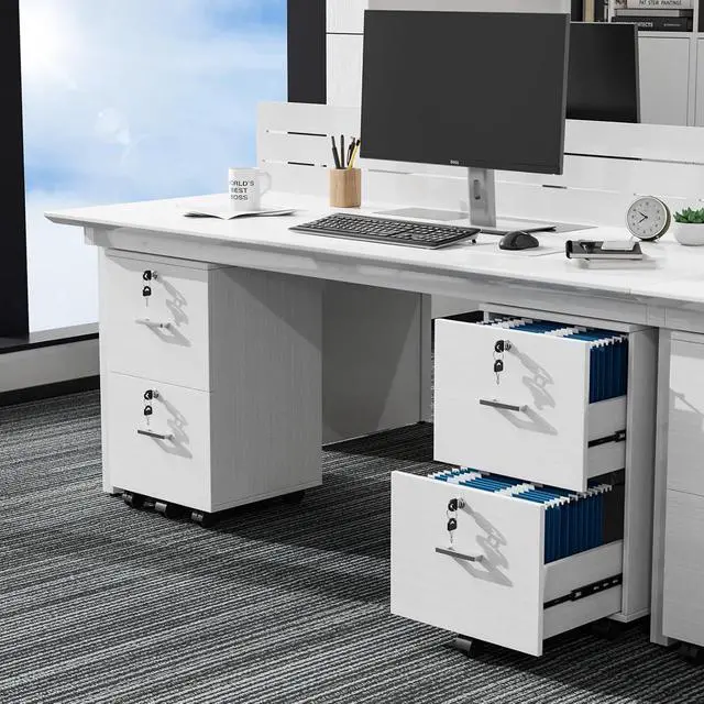 Alt view image 2 of 7 - 2 Drawer File Cabinet with Lock, Wood Grain White File Cabinets for Letter Size File Folders with Tabs, Mobile Under Desk Filing Cabinets for Home Office, Rolling Filing Cabinet Printer Stand