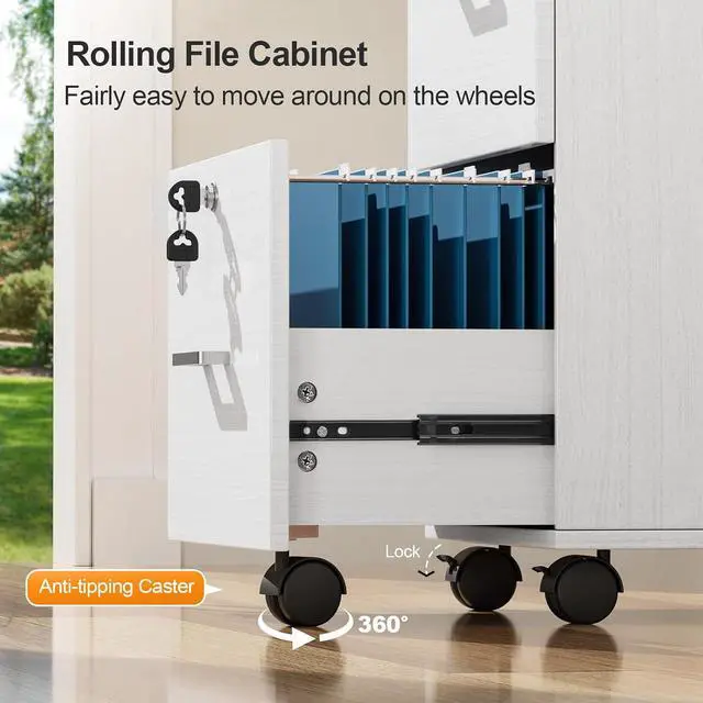 Alt view image 5 of 7 - 2 Drawer File Cabinet with Lock, Wood Grain White File Cabinets for Letter Size File Folders with Tabs, Mobile Under Desk Filing Cabinets for Home Office, Rolling Filing Cabinet Printer Stand