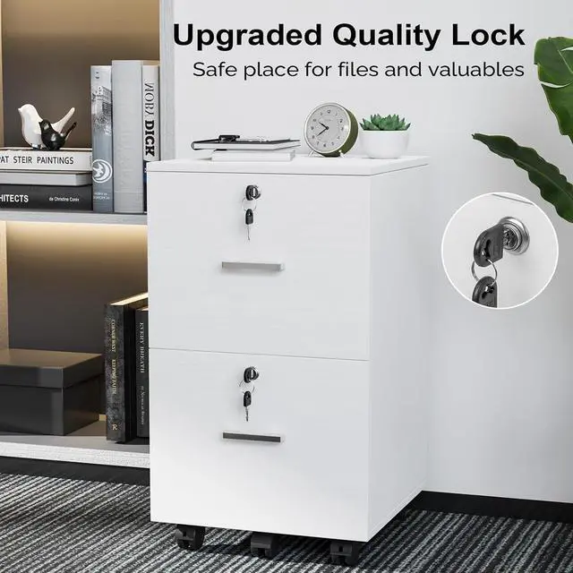 Alt view image 6 of 7 - 2 Drawer File Cabinet with Lock, Wood Grain White File Cabinets for Letter Size File Folders with Tabs, Mobile Under Desk Filing Cabinets for Home Office, Rolling Filing Cabinet Printer Stand