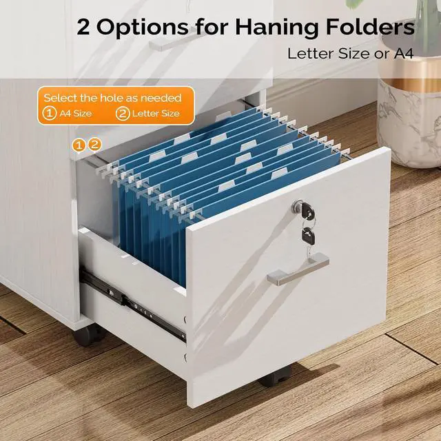Alt view image 7 of 7 - 2 Drawer File Cabinet with Lock, Wood Grain White File Cabinets for Letter Size File Folders with Tabs, Mobile Under Desk Filing Cabinets for Home Office, Rolling Filing Cabinet Printer Stand
