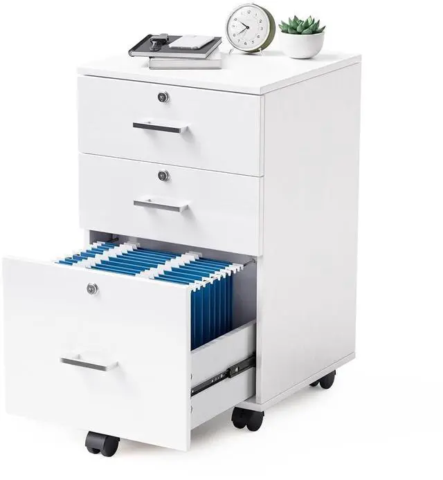 Main image of 3-Drawer File Cabinet with Lock, Wood Rolling Filing Cabinets for Home Office, Mobile Printer Stand, Under Desk File Organizer for Letter Sized Files, 26" H(Caster Included), White