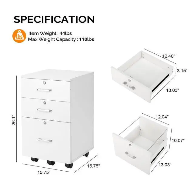 Alt view image 3 of 7 - 3-Drawer File Cabinet with Lock, Wood Rolling Filing Cabinets for Home Office, Mobile Printer Stand, Under Desk File Organizer for Letter Sized Files, 26" H(Caster Included), White