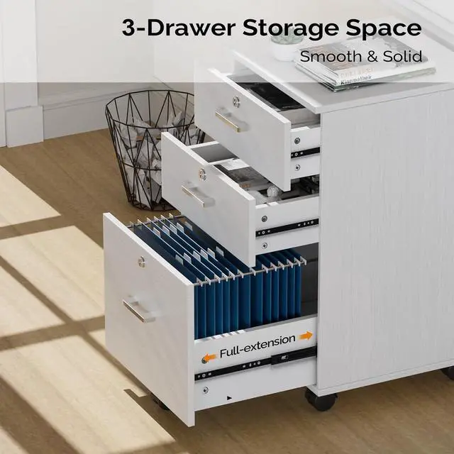 Alt view image 4 of 7 - 3-Drawer File Cabinet with Lock, Wood Rolling Filing Cabinets for Home Office, Mobile Printer Stand, Under Desk File Organizer for Letter Sized Files, 26" H(Caster Included), White